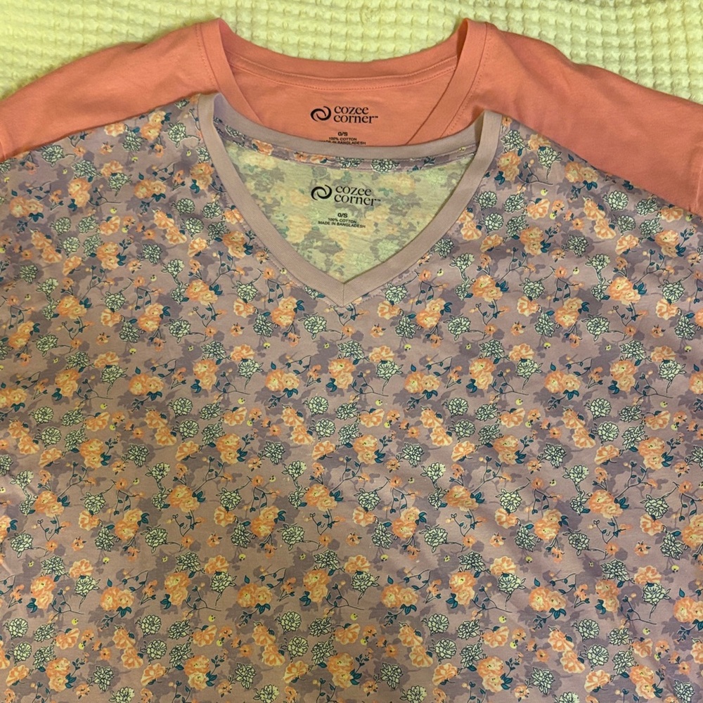 Lot of 2 Cozee Corner Long V-Neck Sleepshirts Floral & Pink Short Sleeves OS